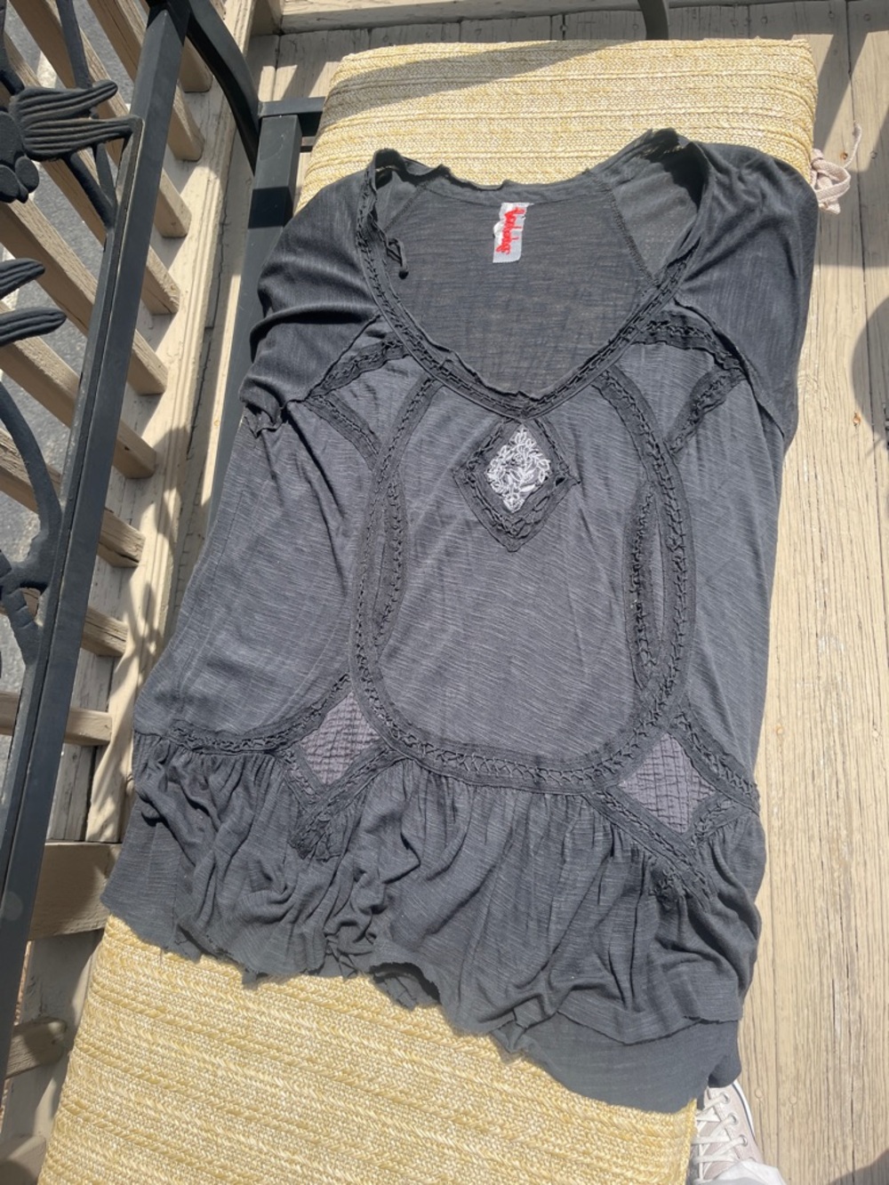Free People Black Ribbed Scoop Neck Top with Red Script Tag